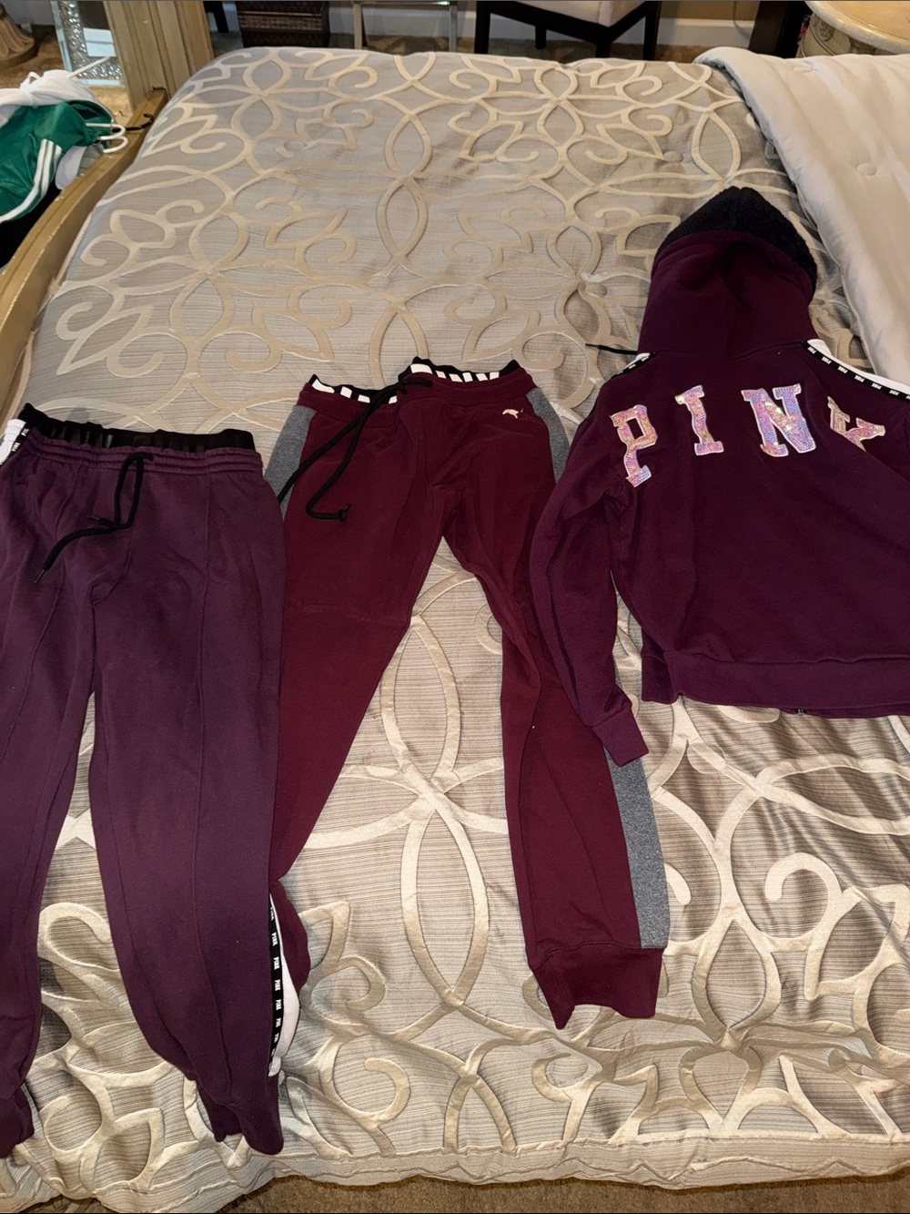 PINK Victoria's Secret Burgundy Hoodie and  2 pair of Joggers Set